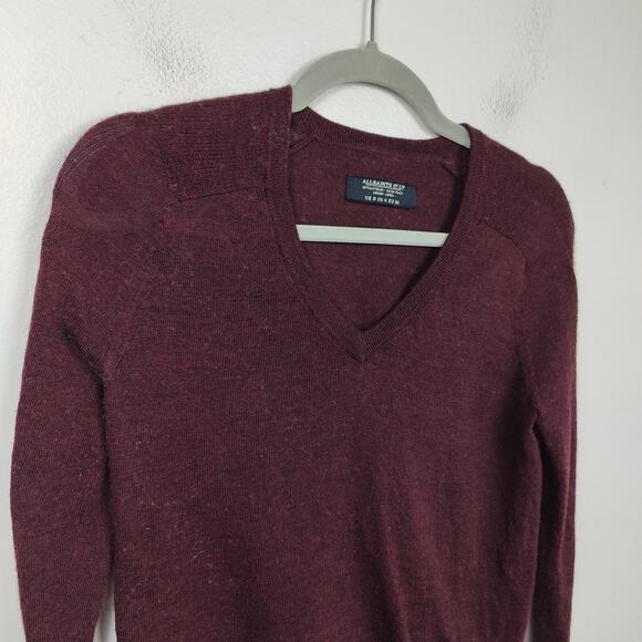 AllSaints Wasson Jumper Womens 4 Burgundy Draped Back 100% Merino Wool Goth - Picture 2 of 9